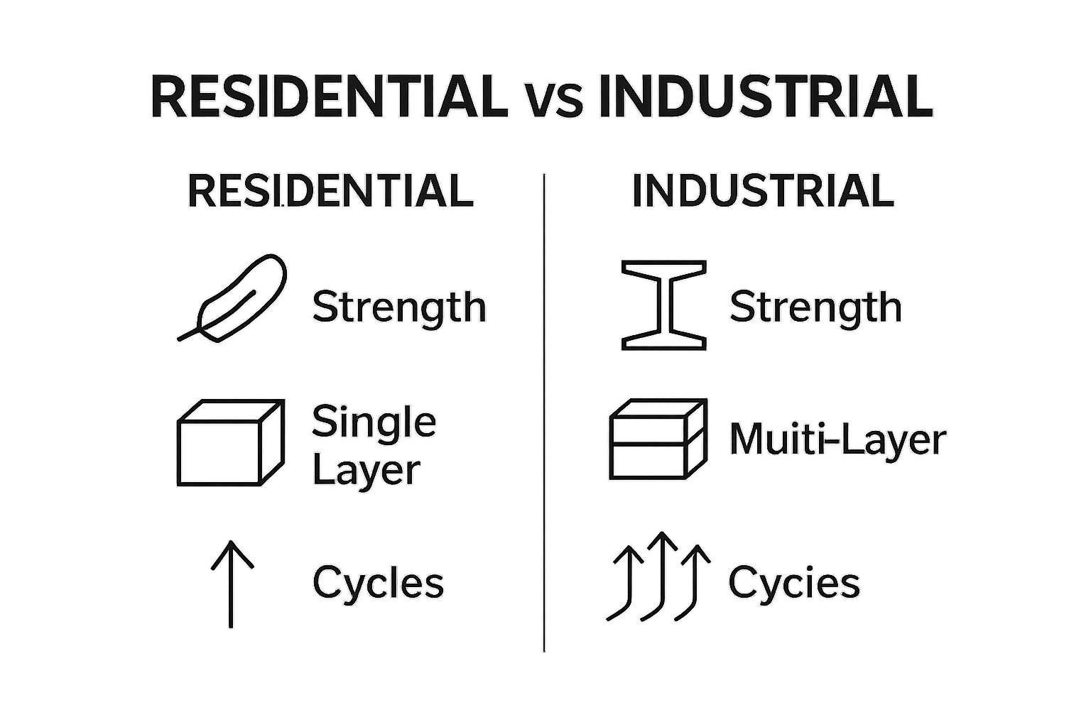 Infographic comparing residential and industrial garage doors on durability, insulation, and usage cycles.