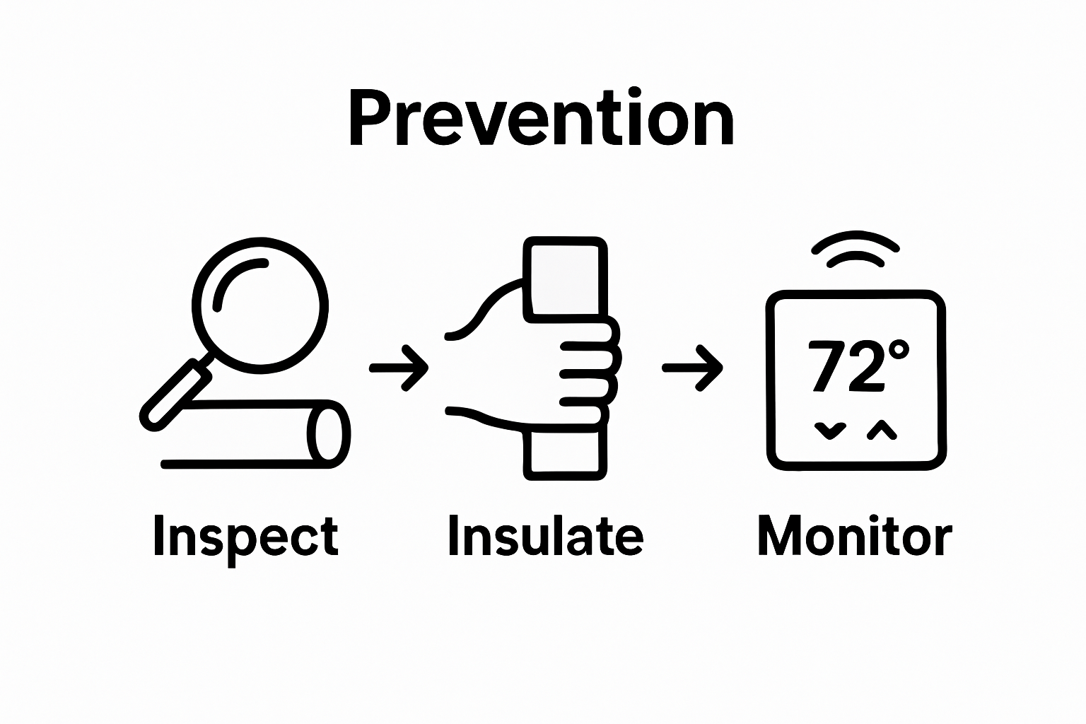 Three-step visual showing inspection, insulation, and monitoring to prevent pipe bursts.