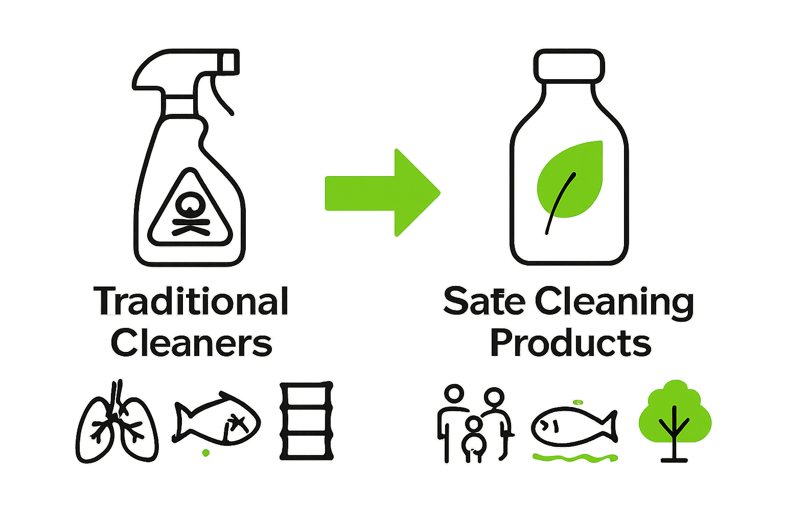 Side-by-side icons showing traditional vs. safe cleaning product impacts