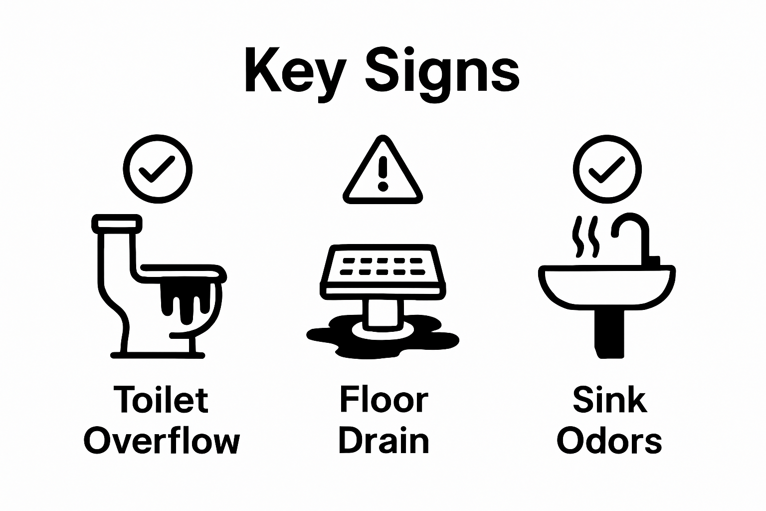 Three key indicators of sewer backup: overflowing toilet, pooling floor drain, smelly sink.