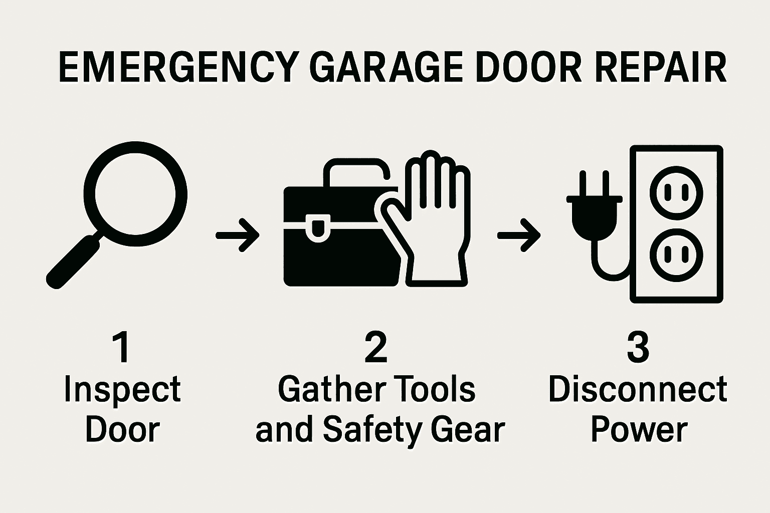 Infographic showing three key emergency garage door repair steps: inspect, prepare, disconnect power