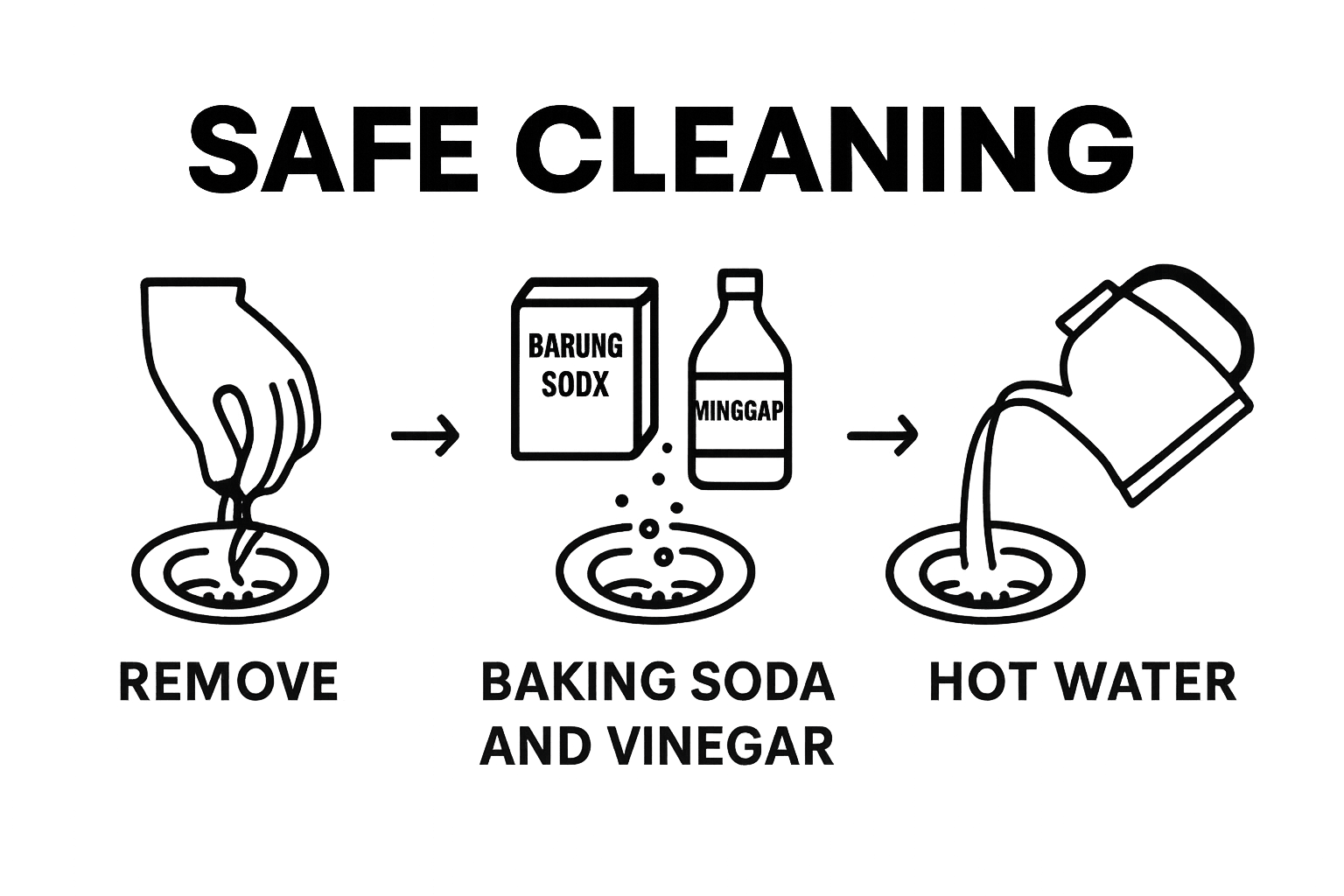 Infographic showing steps: debris removal, natural cleaner, hot water