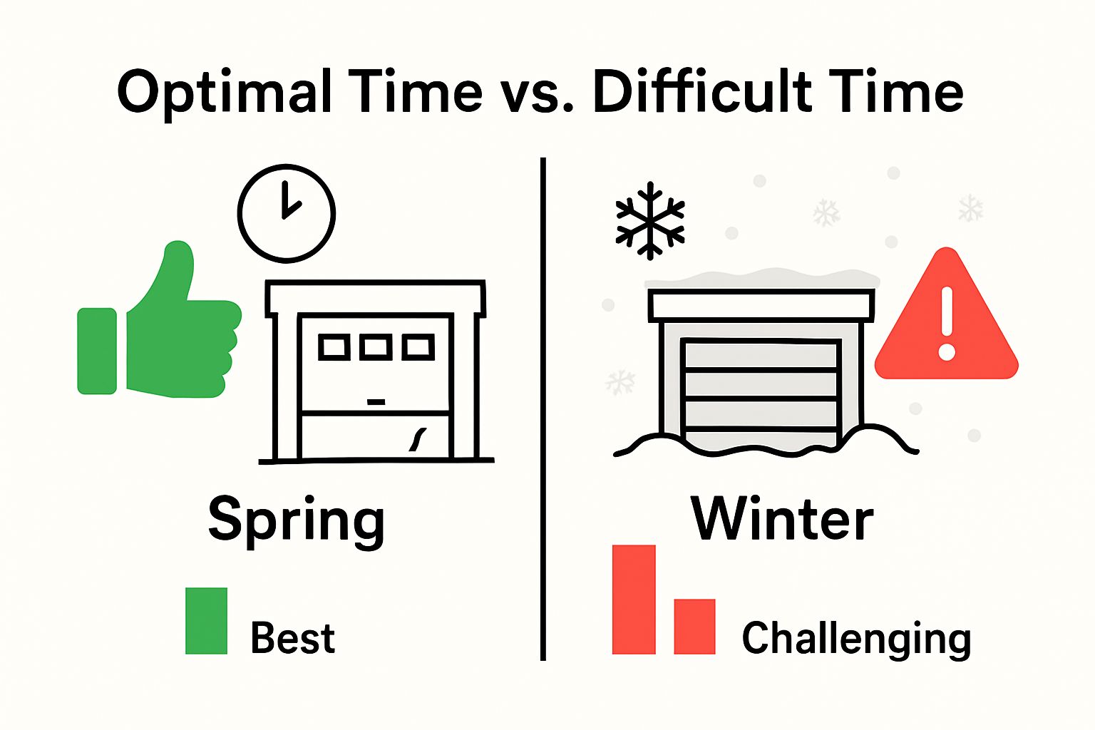 Spring versus winter garage door replacement visual comparison