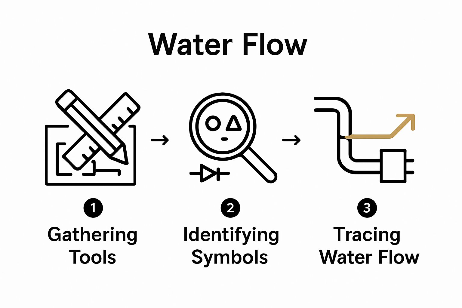 Infographic of three steps: tools, symbols, tracing water flow