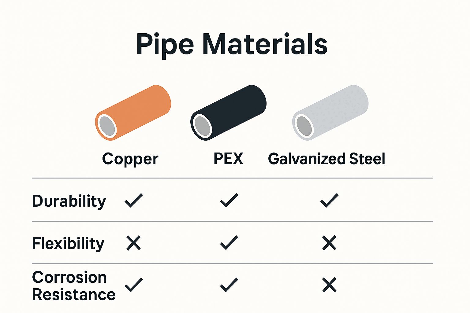 Comparison chart of copper, PEX, and galvanized steel pipes