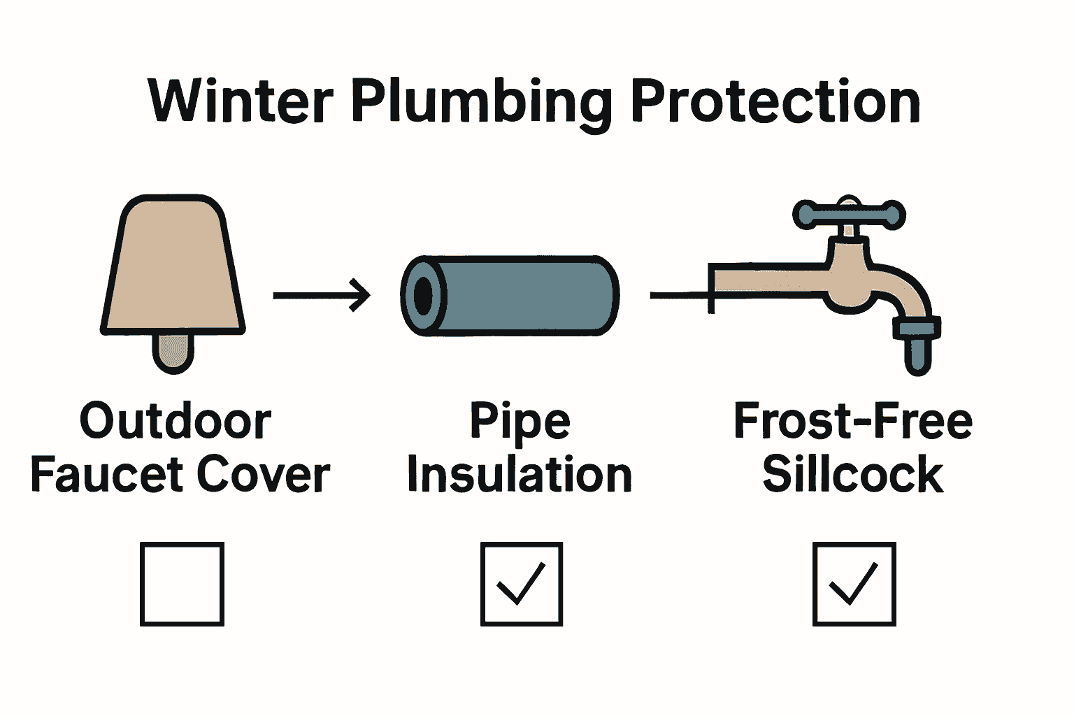 Infographic showing outdoor faucet insulation, pipe wrap, and frost-free sillcocks for plumbing protection.