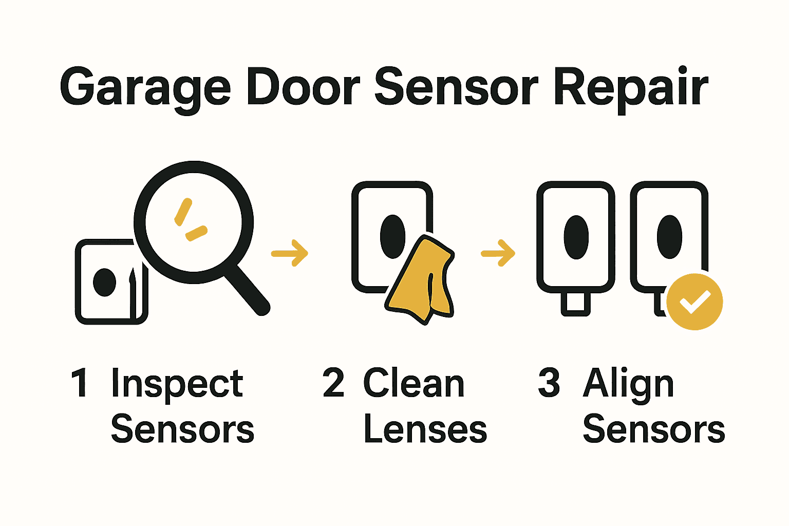 Infographic showing inspection, cleaning, and alignment steps for garage door sensors.