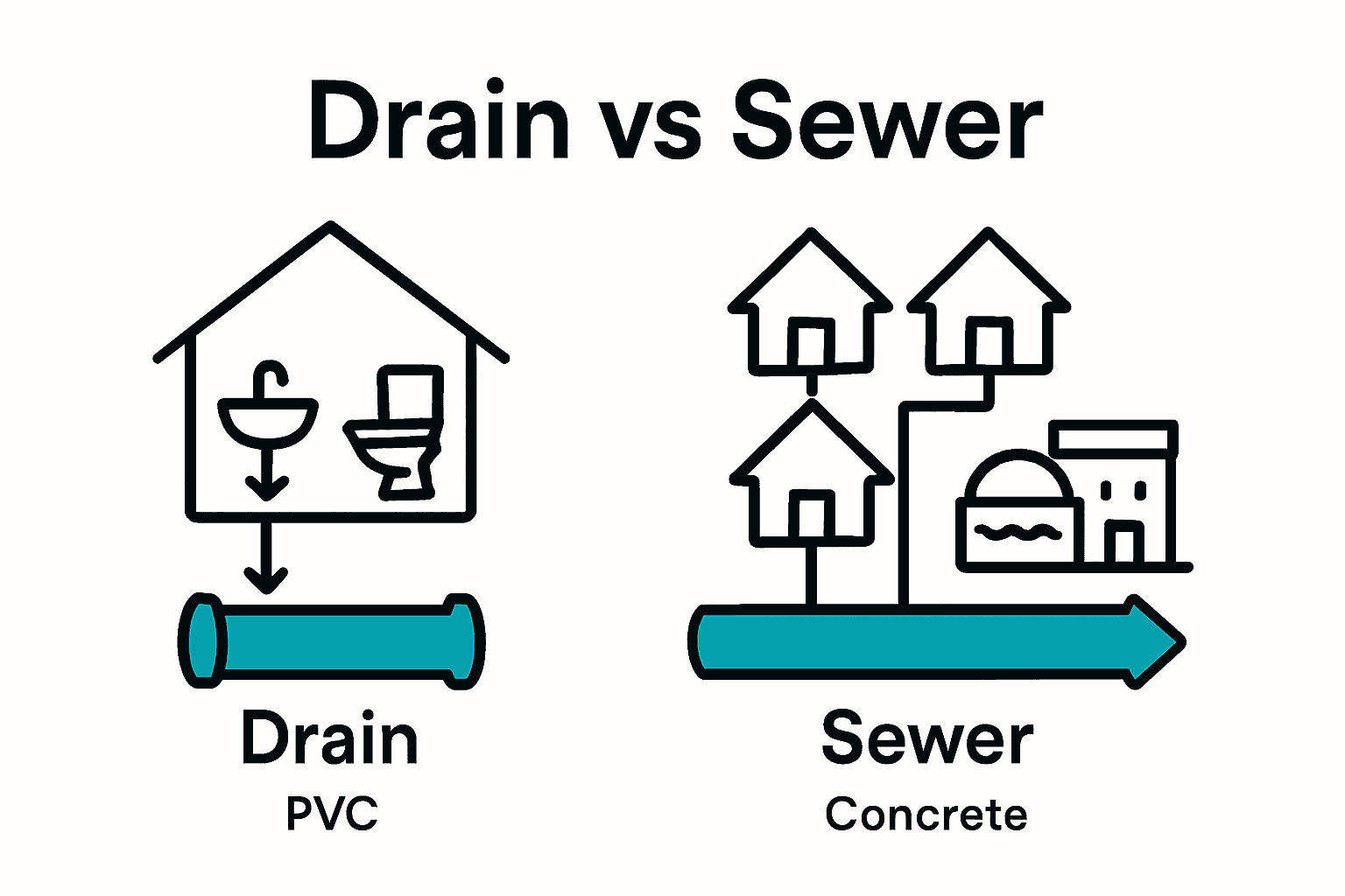 Infographic showing difference between home drains and municipal sewers with icons and flow arrows.