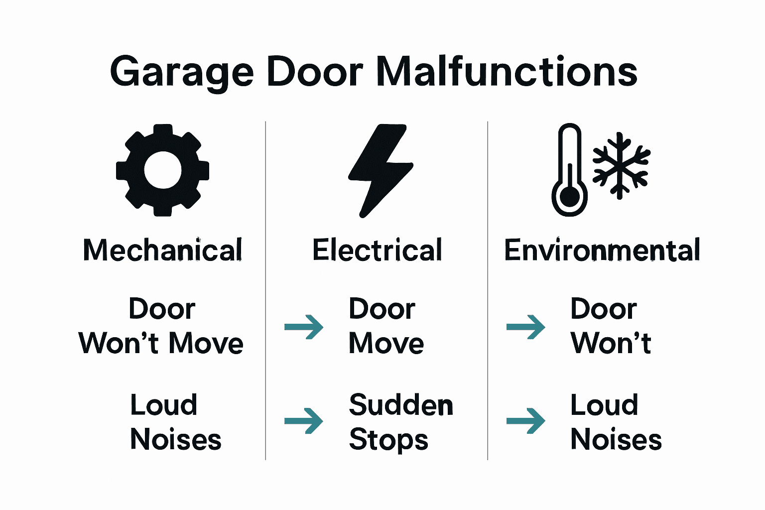 Infographic comparing mechanical, electrical, and environmental garage door issues.