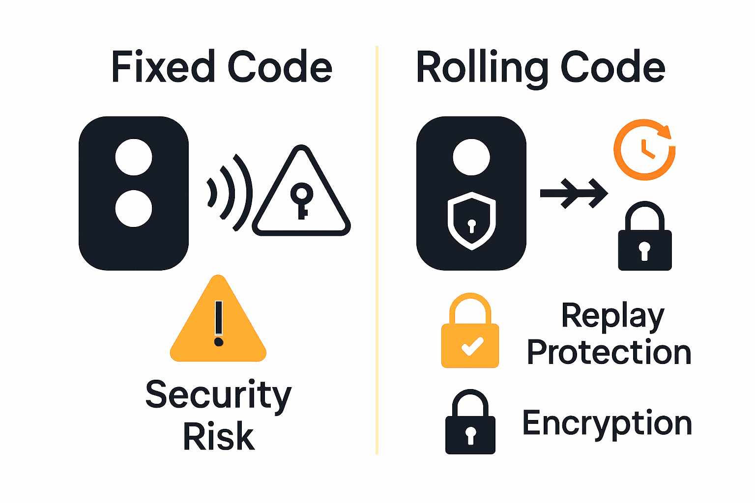 Infographic comparing fixed code and rolling code garage door security