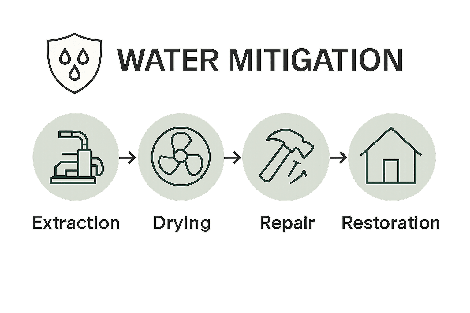 Infographic showing four stages of the water mitigation process with icons and arrows