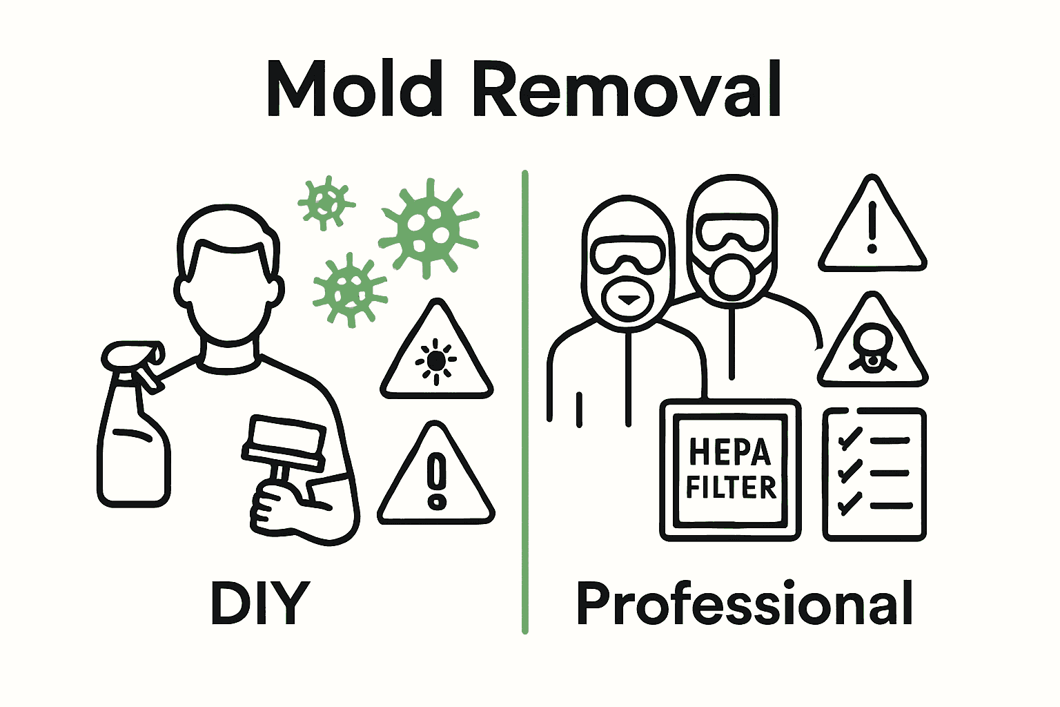 Infographic comparing DIY vs professional mold removal safety and results