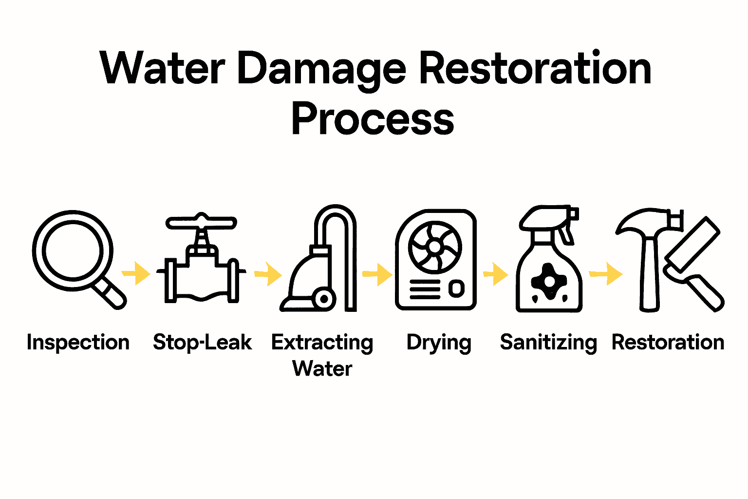 Infographic visualizing six steps in water damage restoration.