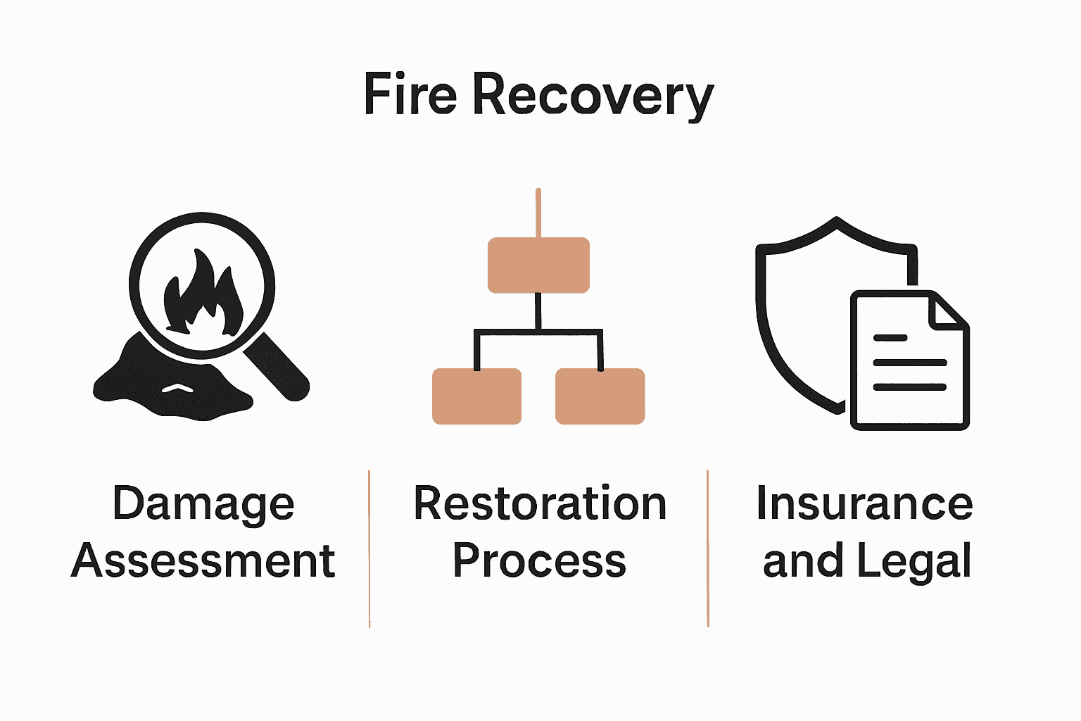Infographic showing fire recovery stages: assessment, restoration, insurance.