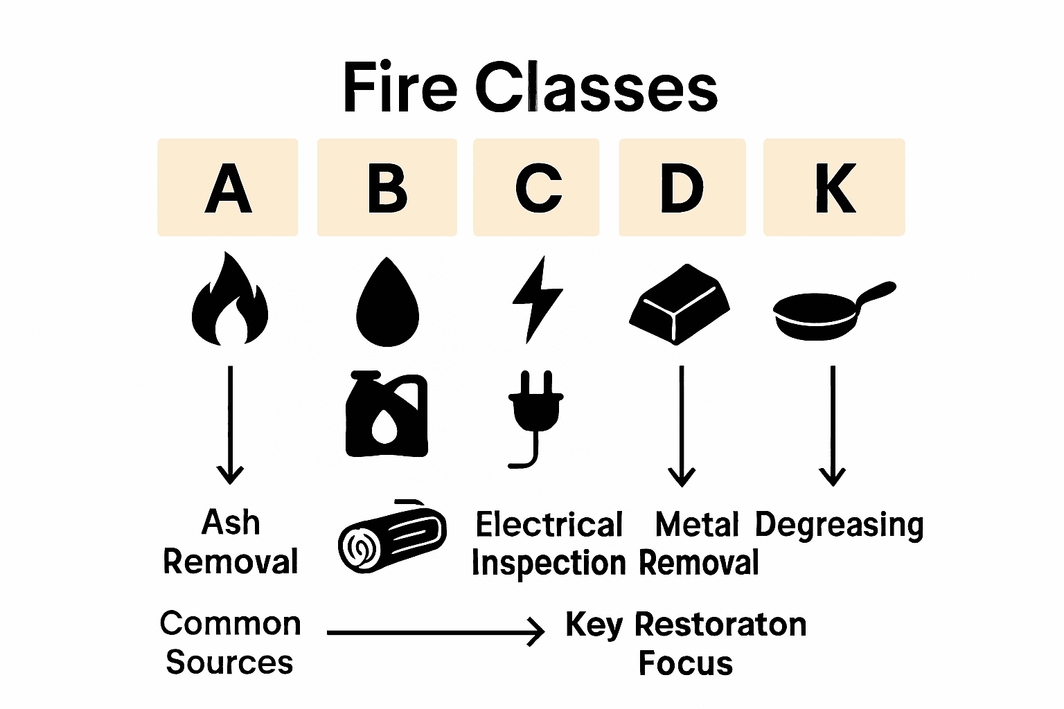 Infographic comparing five fire classes, their sources, icons, and restoration focus.