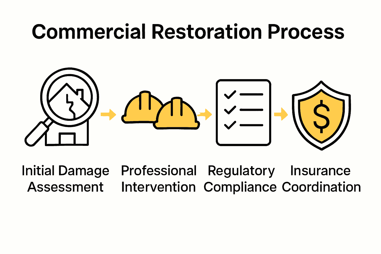 Infographic showing steps of commercial property restoration: assessment, intervention, compliance, insurance.