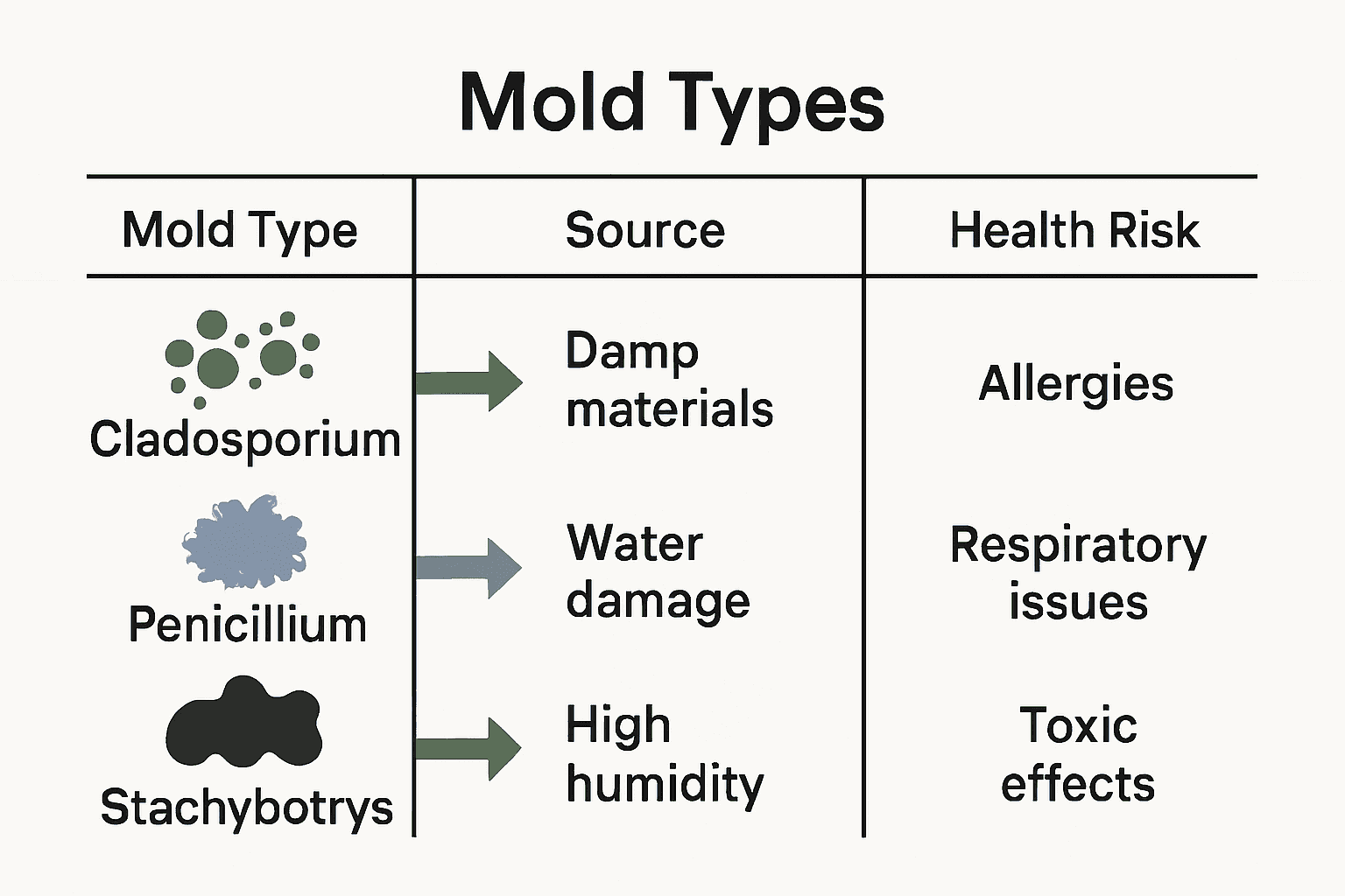 Infographic comparing types of mold, sources, and health risks.