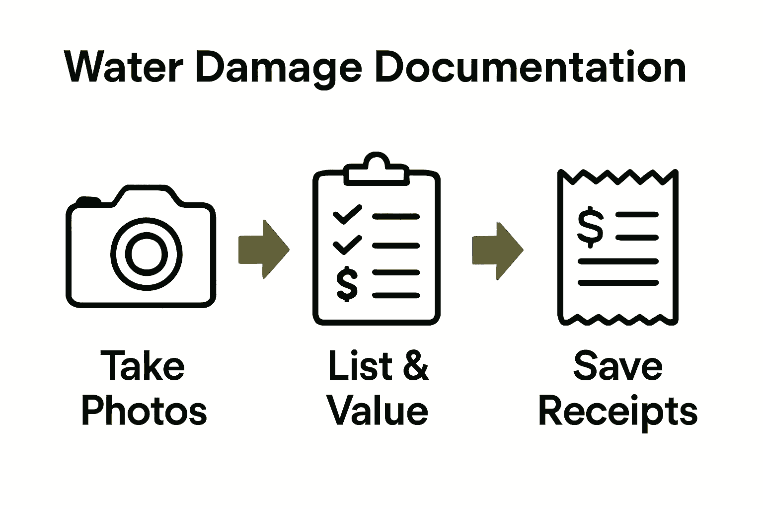Infographic outlining water damage documentation steps: photo evidence, inventory, and receipts.