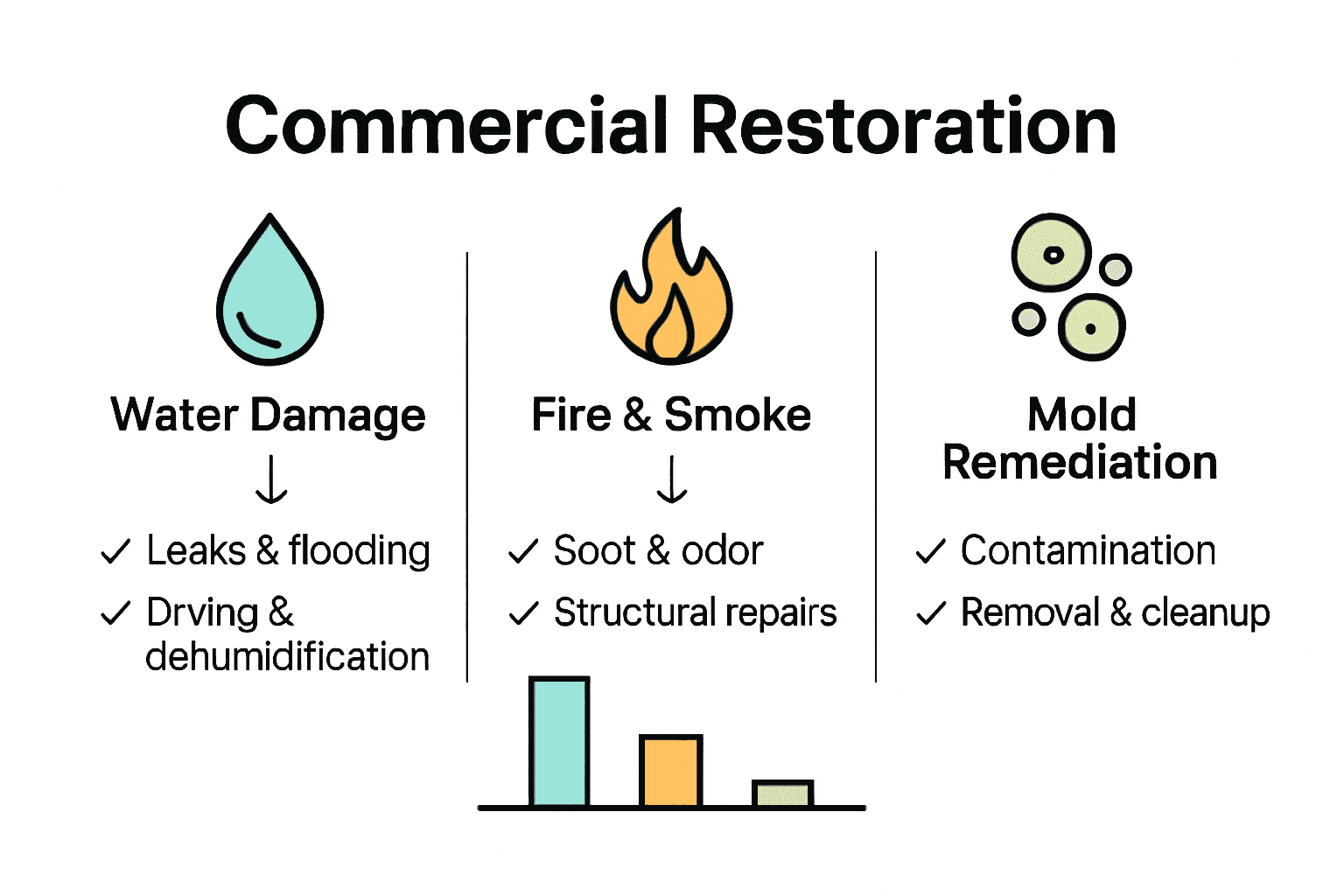 Infographic comparing types of commercial restoration: water, fire, mold.