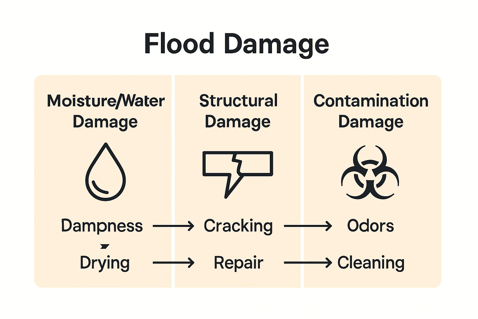 Infographic compares moisture, structural, and contamination flood damage.