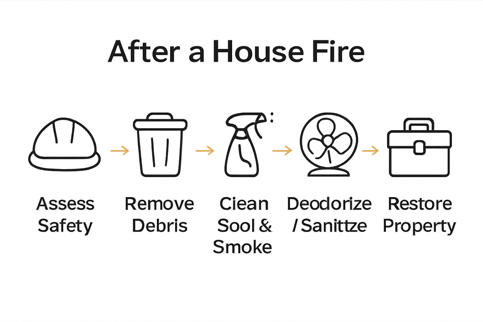 Five step infographic showing process to clean after fire damage