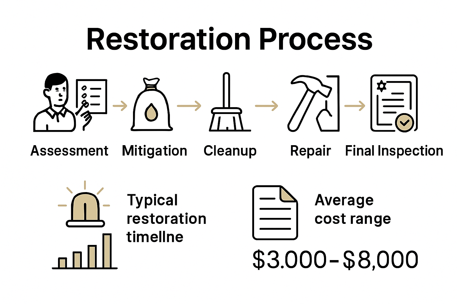 Linear infographic showing restoration steps, costing, and timelines.
