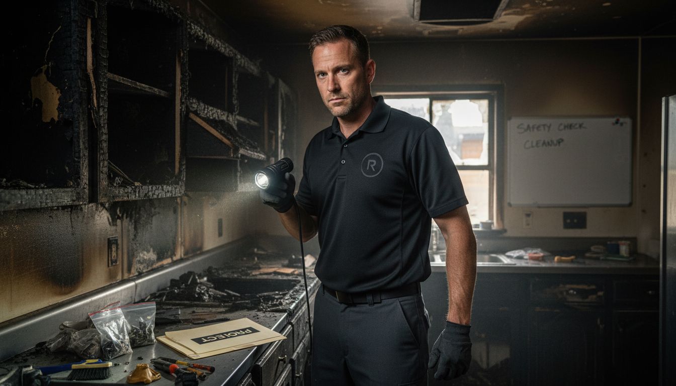 Technician assessing fire damaged kitchen