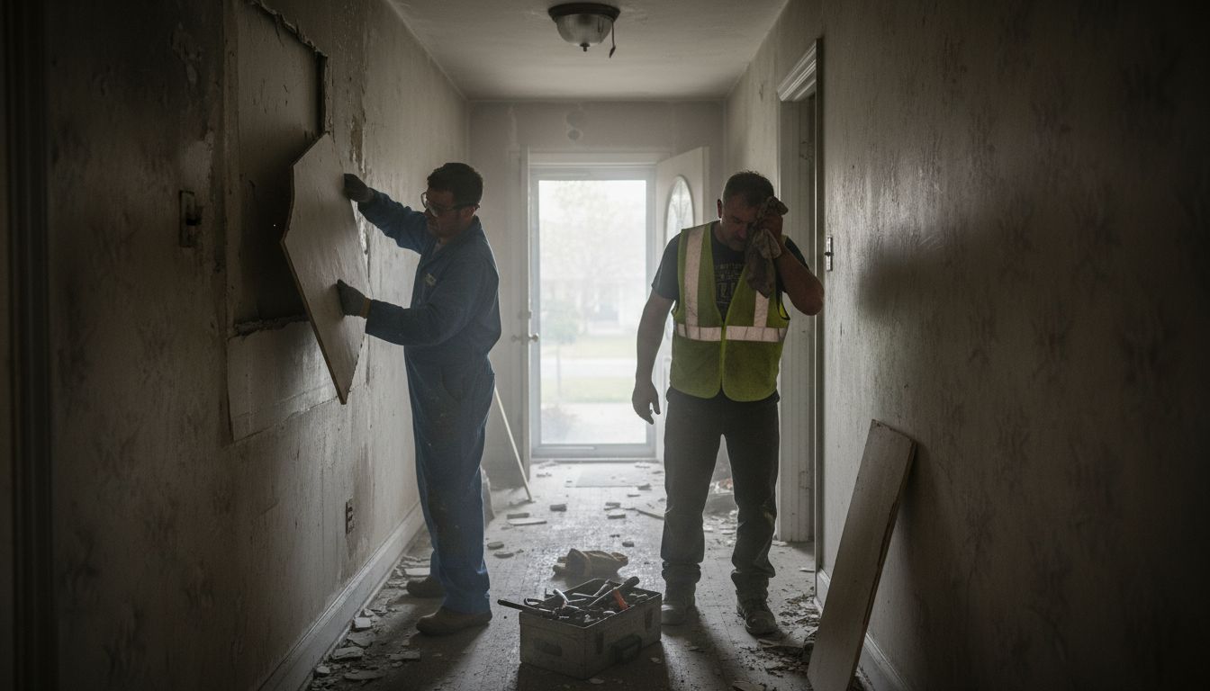 Restoration crew removing fire-damaged materials