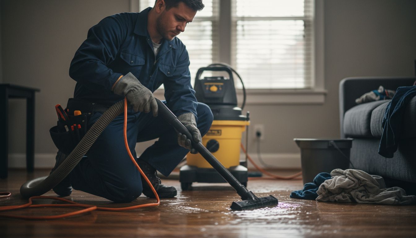 Technician removing water in damaged living room