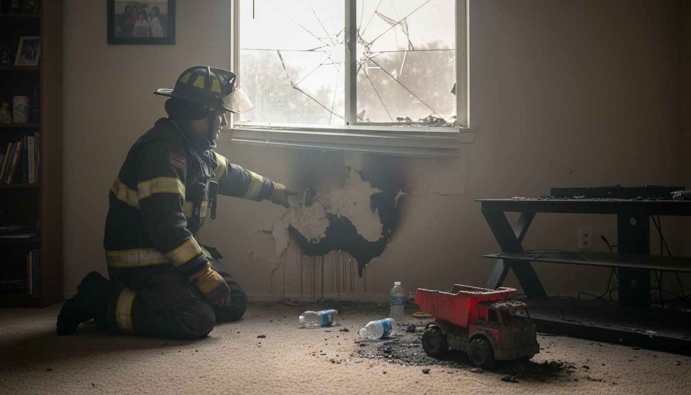 Firefighter inspects burned living room interior