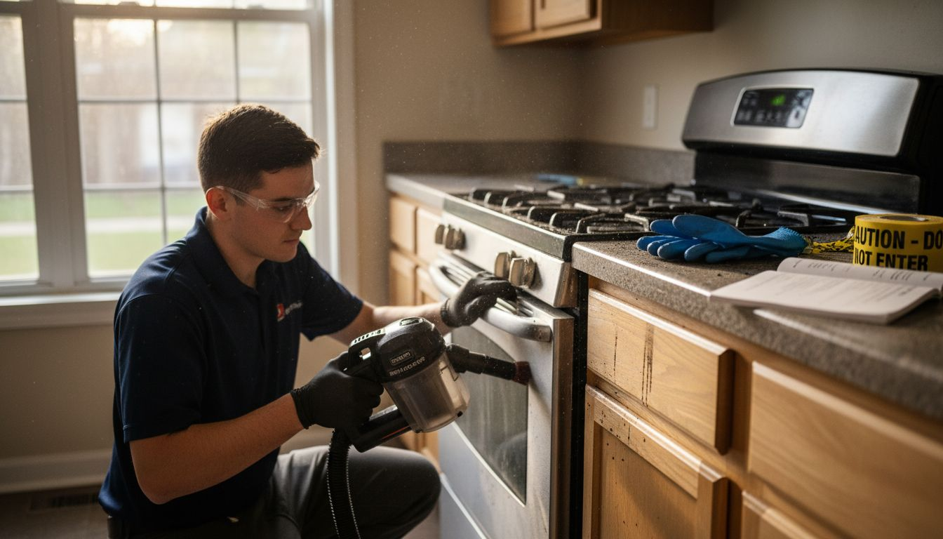 Technician cleaning soot from kitchen cabinet
