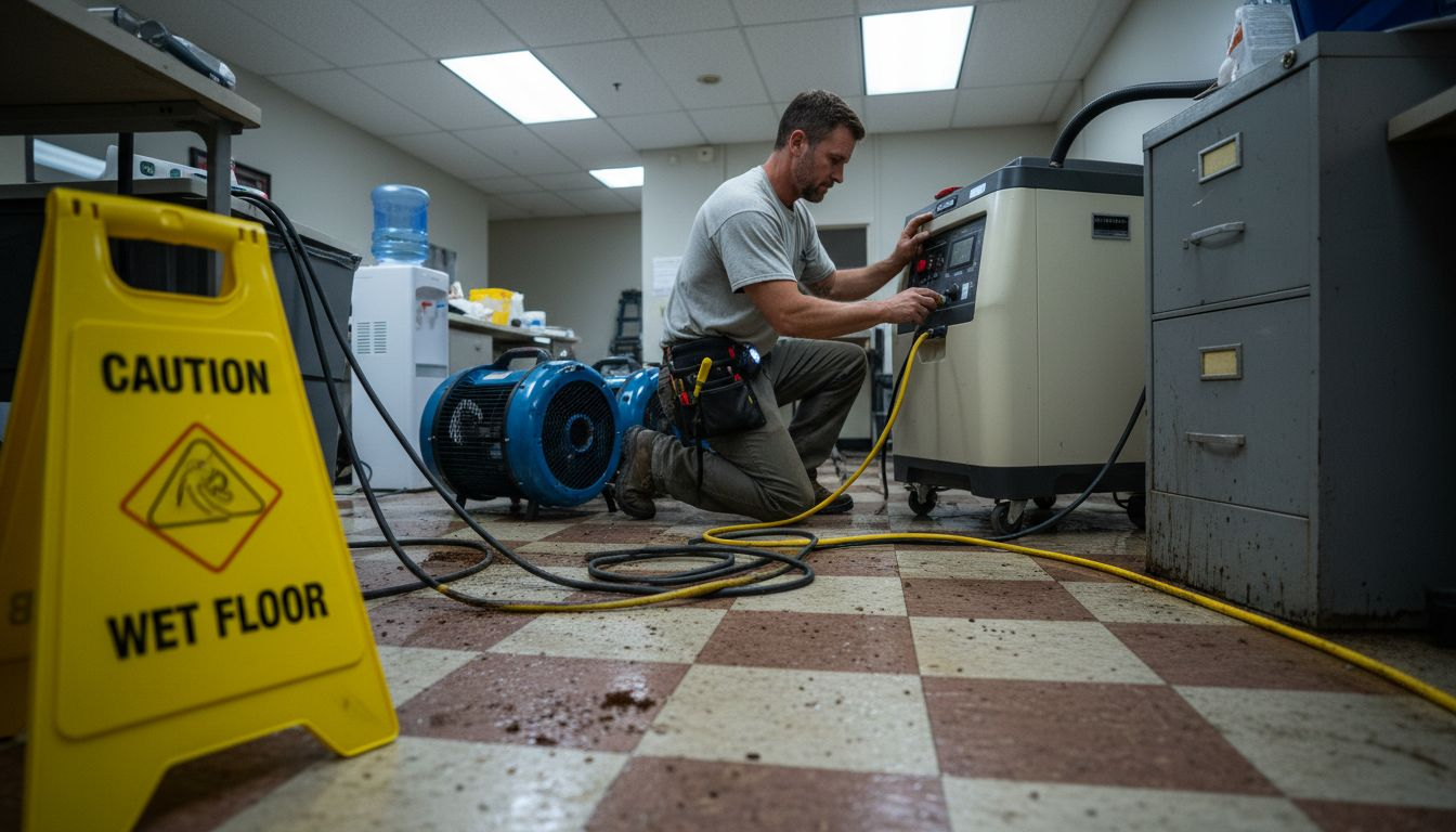 Technician using drying equipment in office