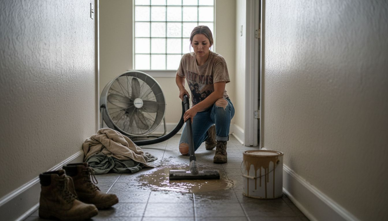 Person wet-vacuuming water after leak