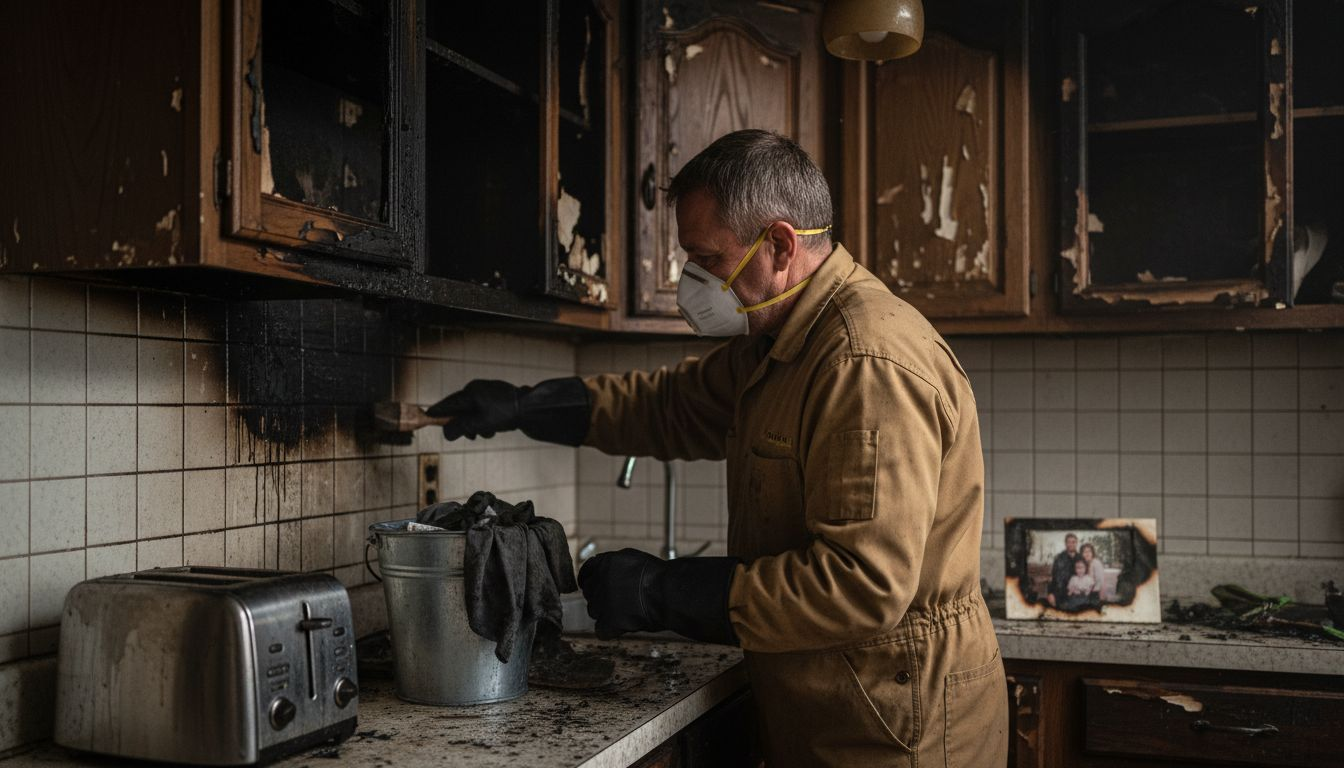 Technician cleaning soot in fire-damaged kitchen