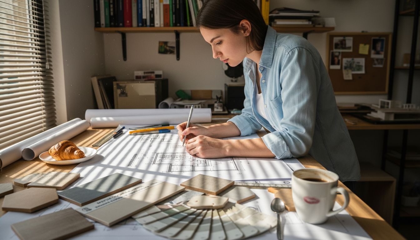 Un arhitect schițează concentrat la masa sa de lucru, plină de planuri, creioane și foi împrăștiate.