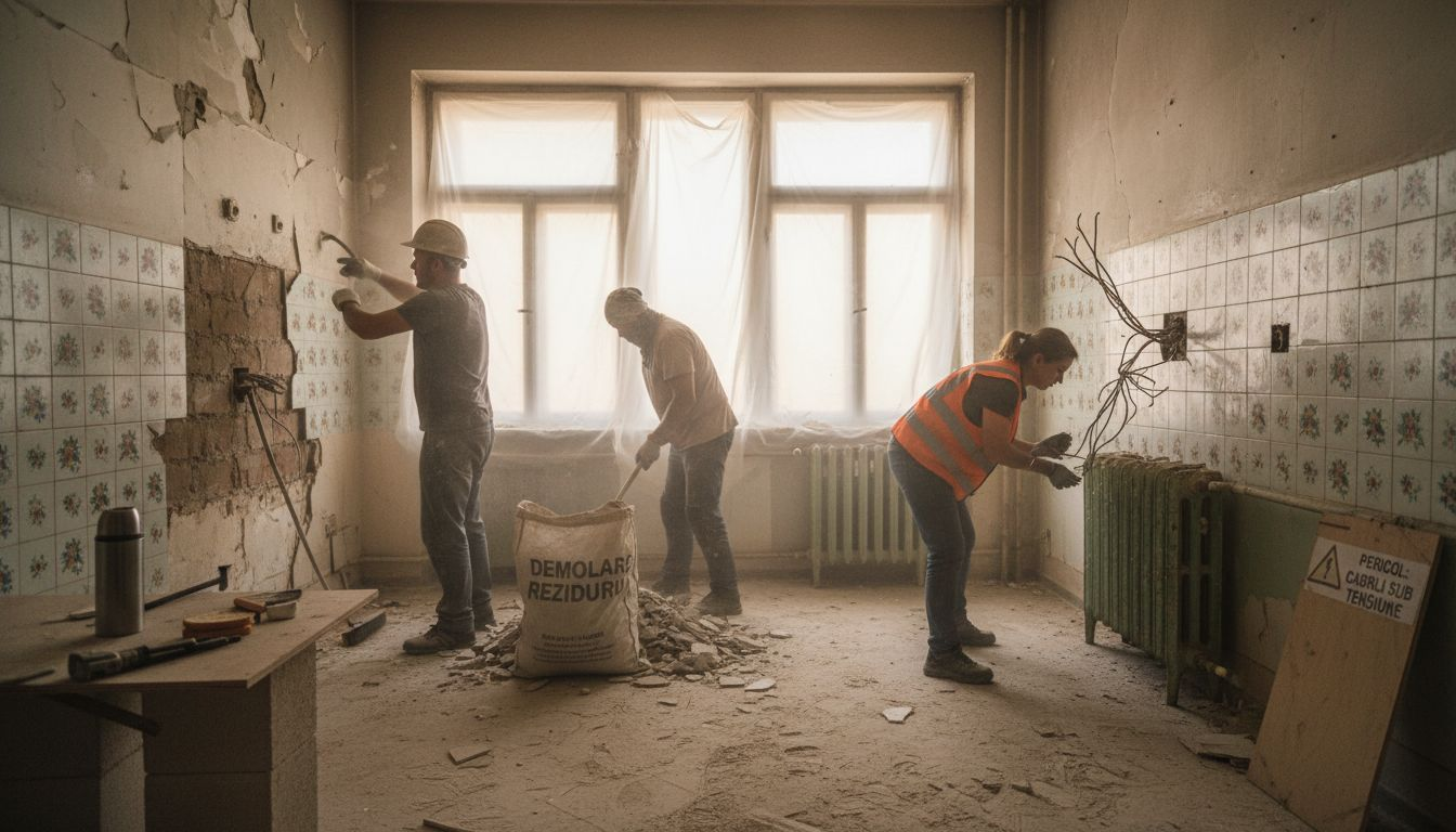 O echipă de muncitori sparge și îndepărtează faianța de pe pereții bucătăriei.