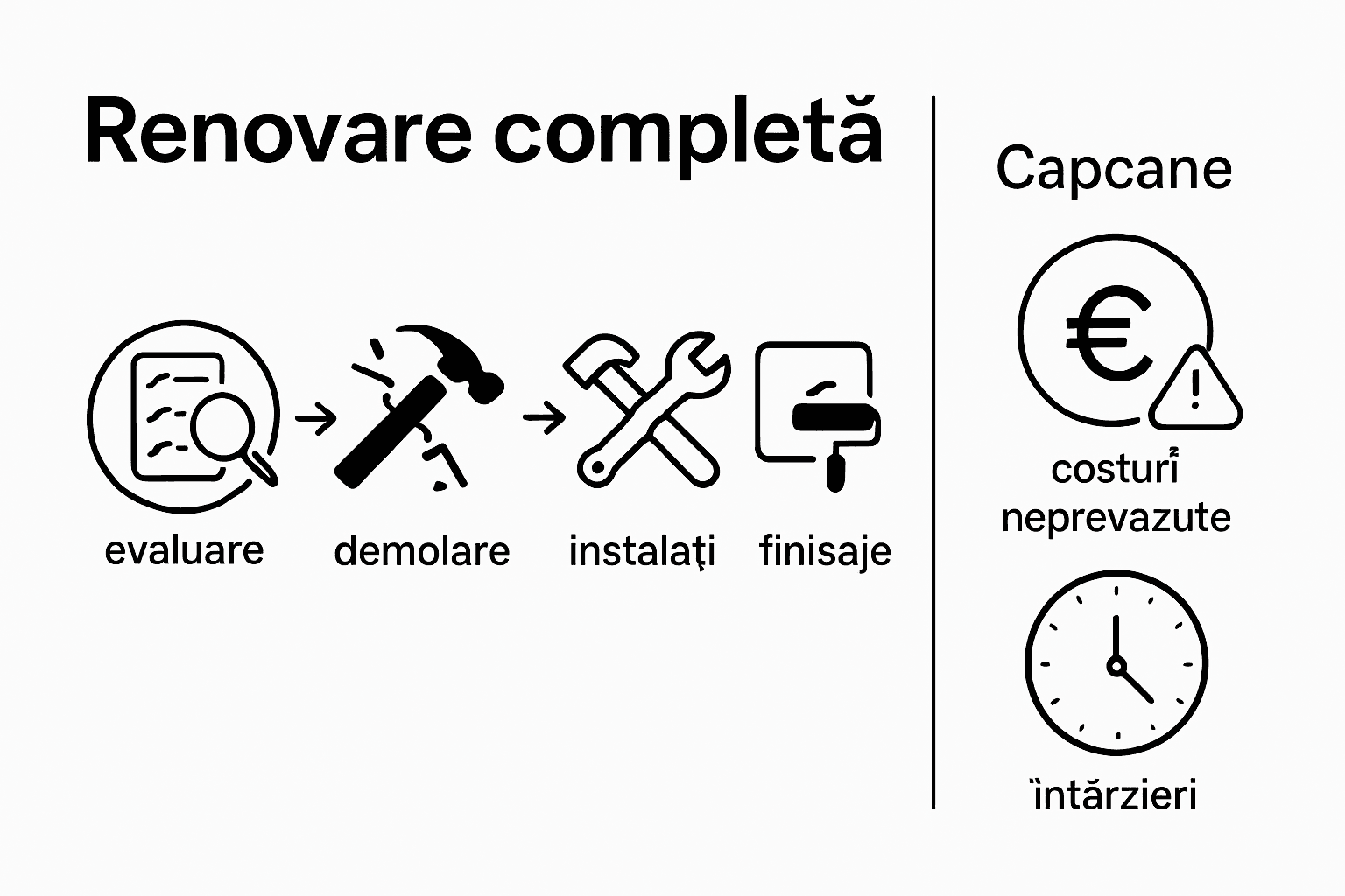 Infografic care prezintă etapele renovării interioare și principalele riscuri de care trebuie să ții cont