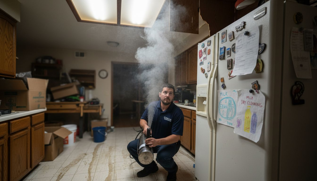 Expert using fogging machine for smoke removal