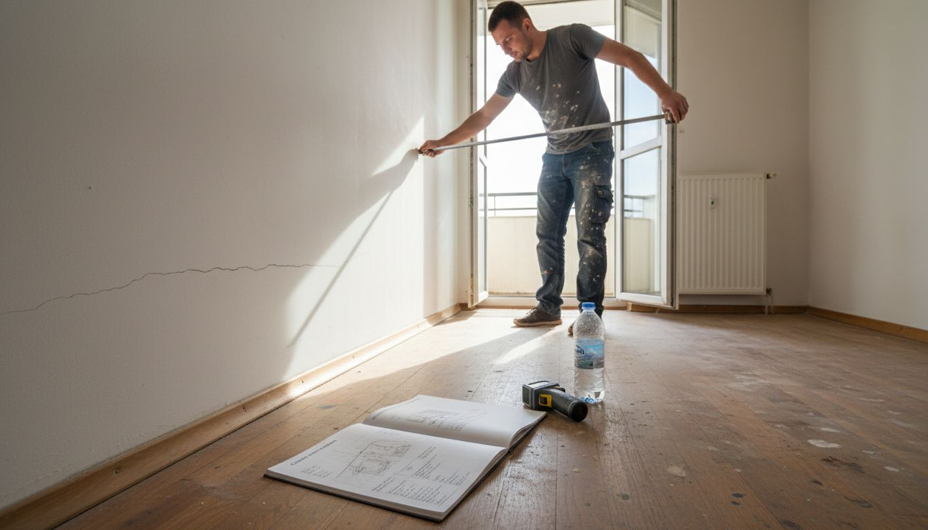 Un bărbat își ia măsurătorile în casă, pregătindu-se pentru lucrările de renovare.