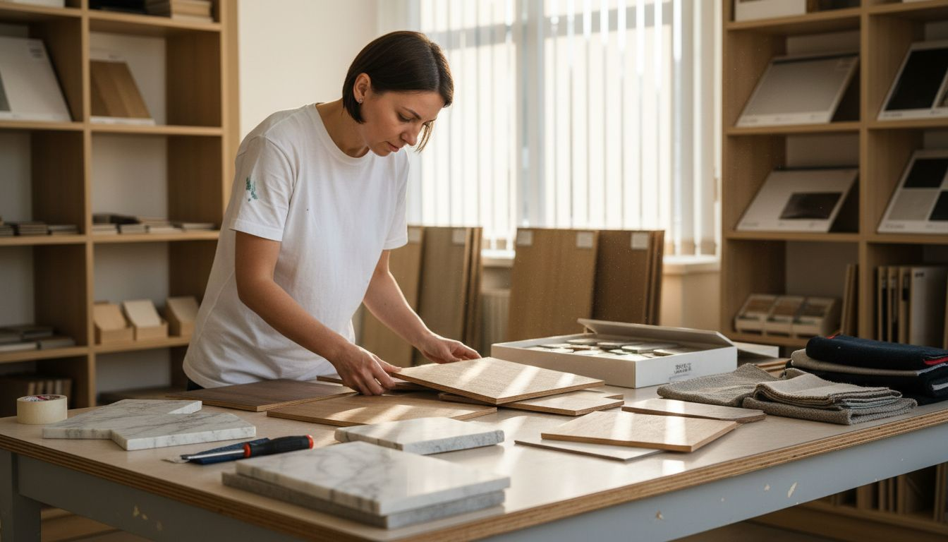 Clientul analizează mostrele de materiale pentru finisaje.