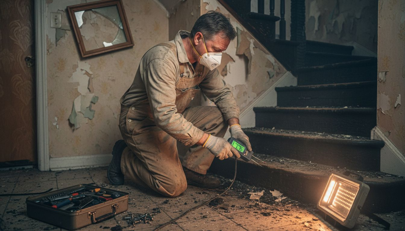 Technician assessing fire-damaged staircase