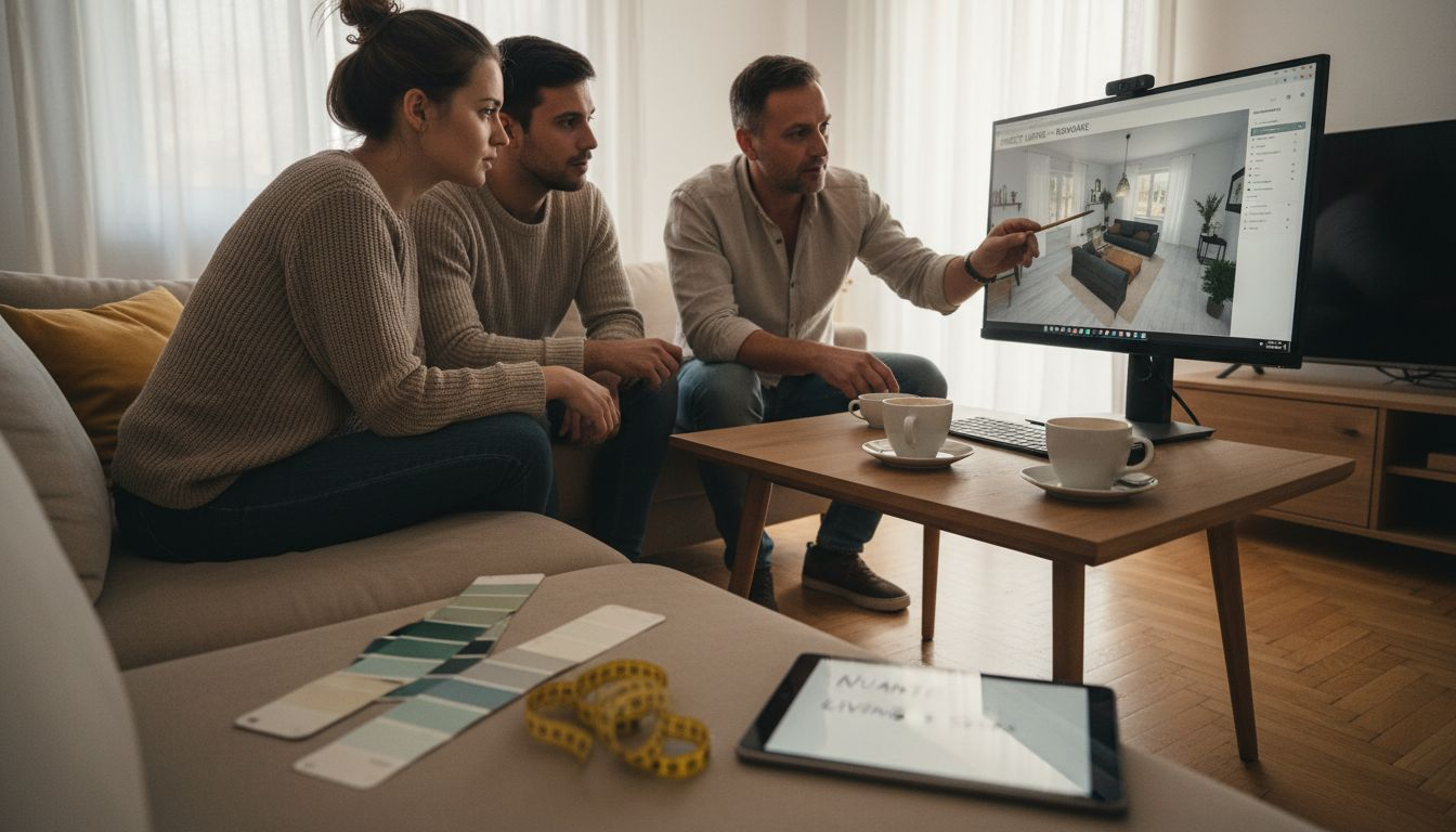 Un cuplu analizează împreună un model 3D, alături de designer.