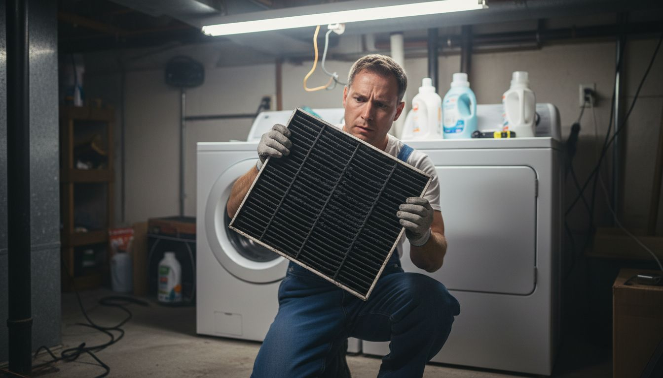 Technician displaying soot-covered HVAC filter