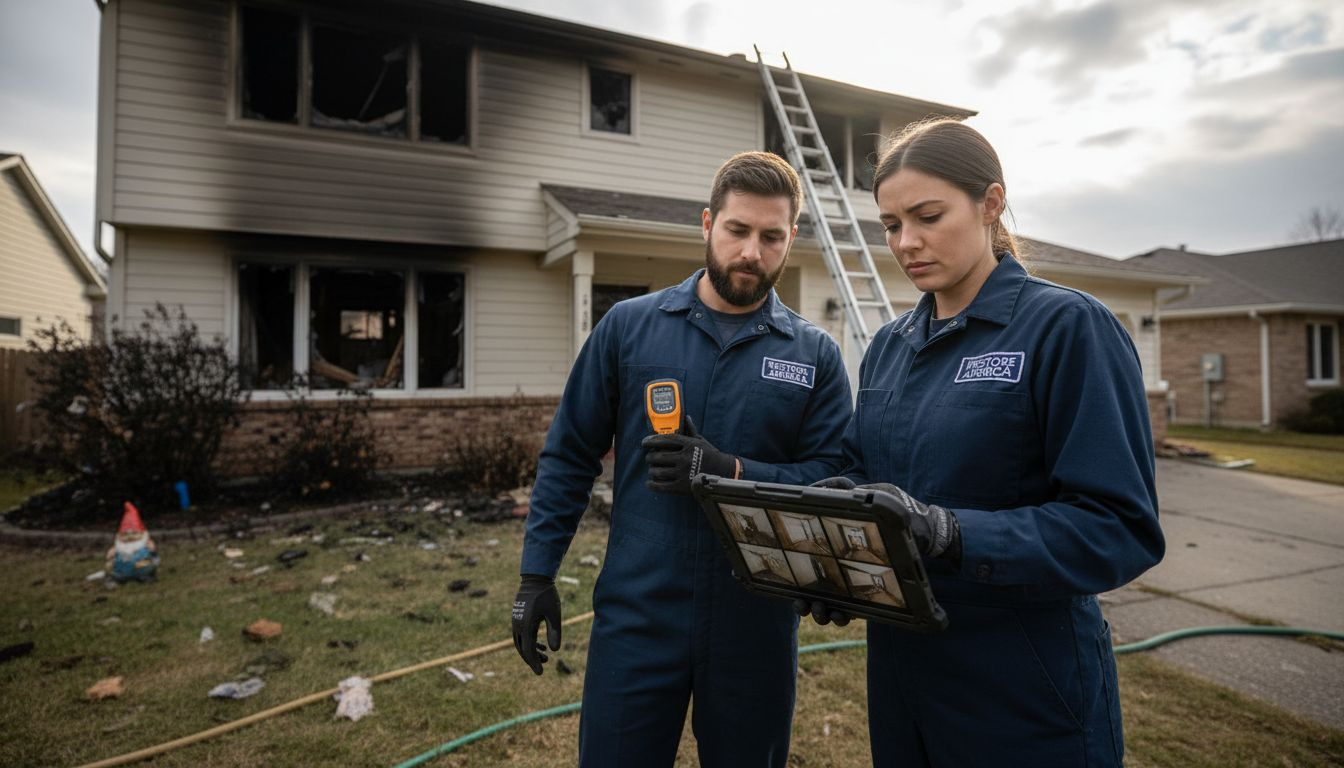 Restoration team assessing smoke-stained home