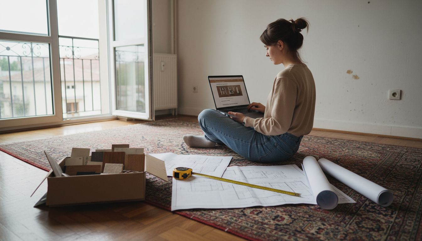 O femeie își conturează proiectul de design interior pe laptop, planificând cu atenție fiecare detaliu al amenajării.