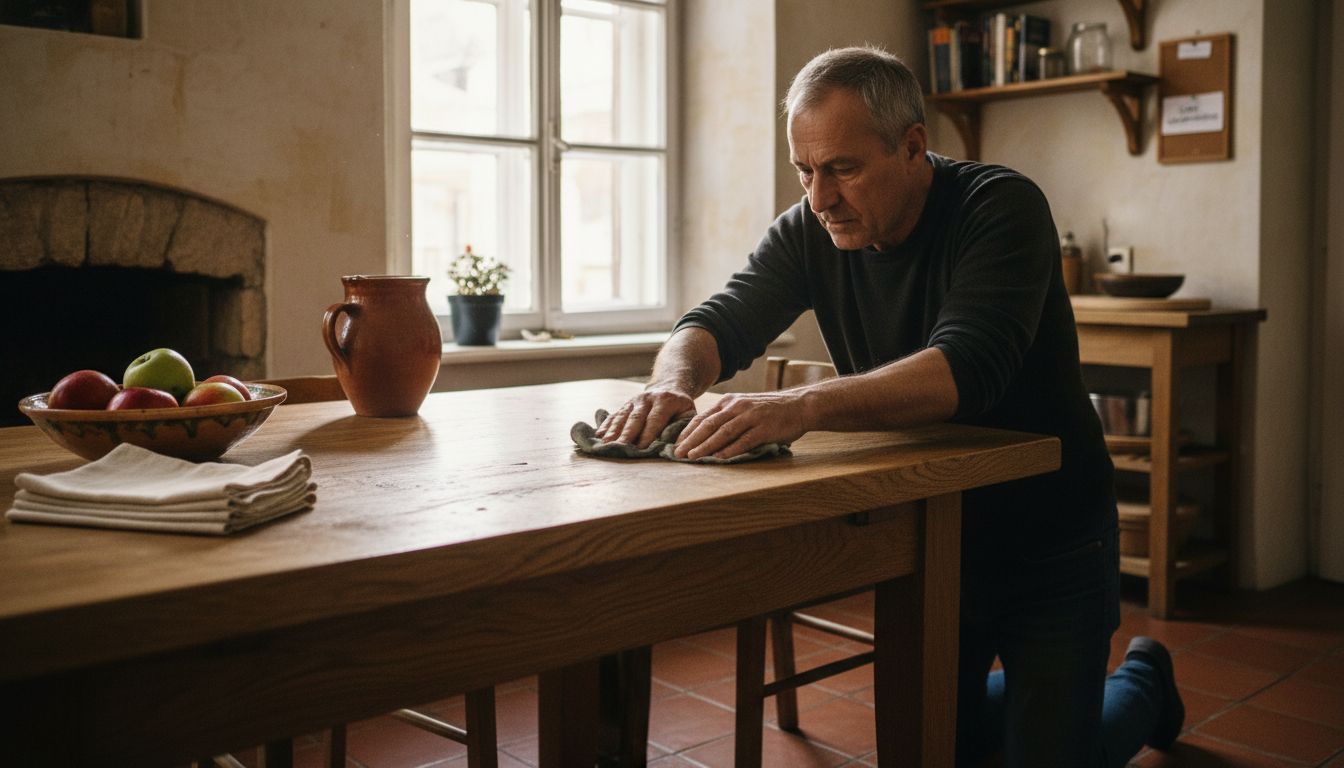 Bărbat lucrând cu materiale naturale pentru amenajarea interioară