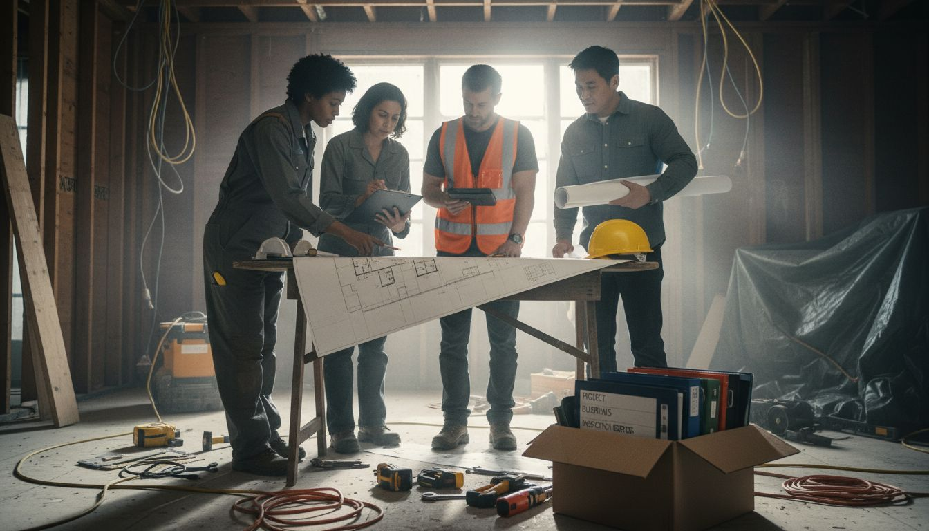 Restoration team discussing site plans on-site