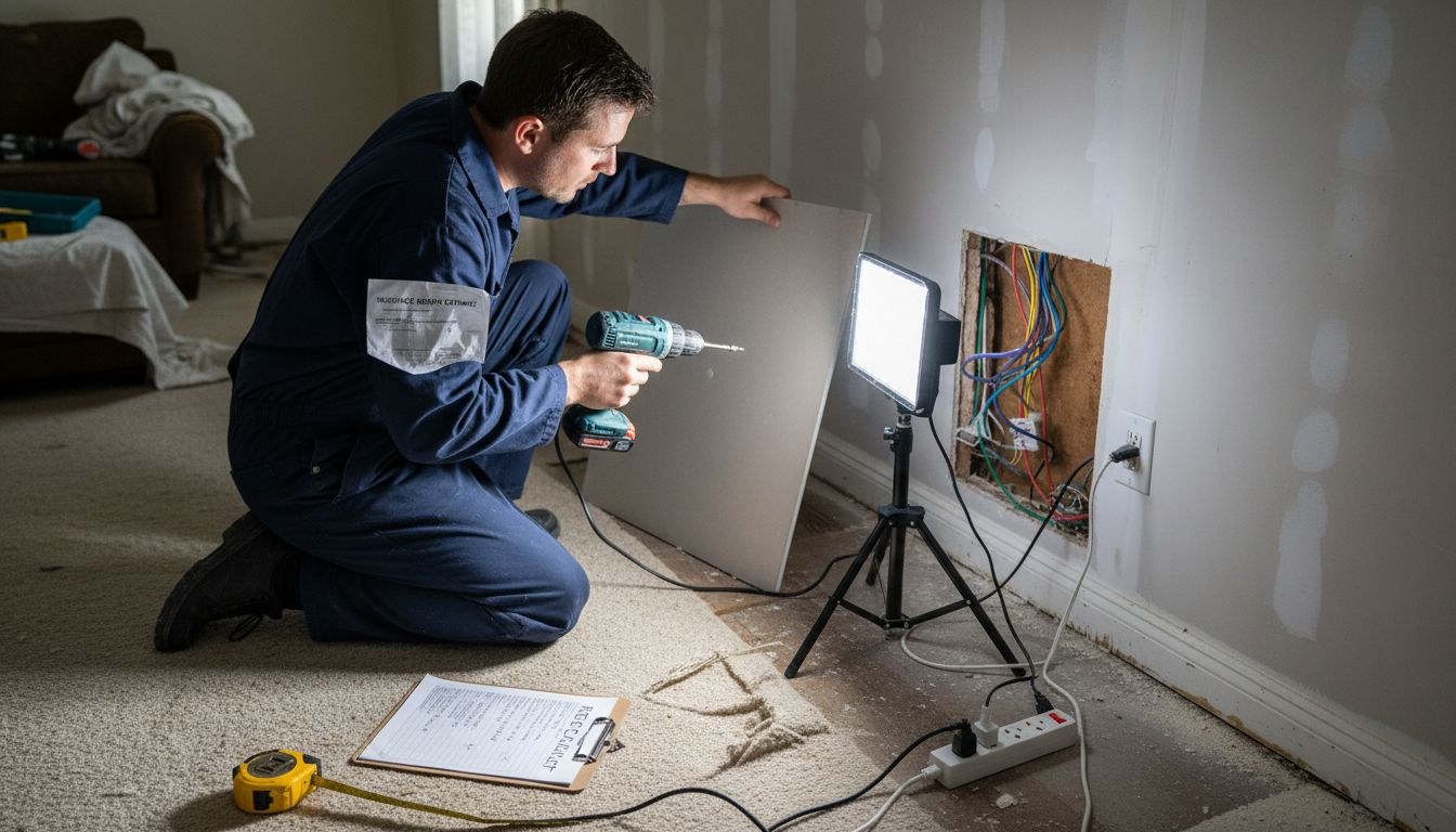 Technician making drywall repairs in damaged room