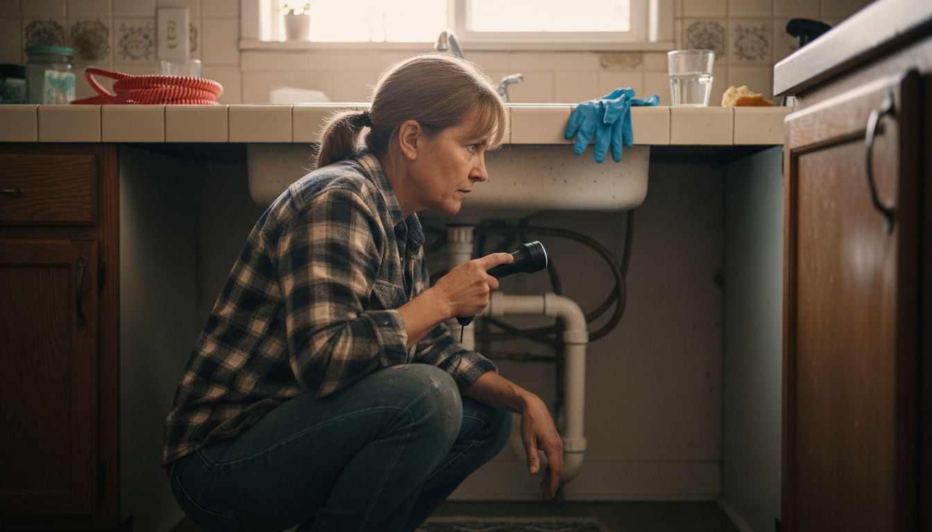Inspecting drain pipes with flashlight and tools