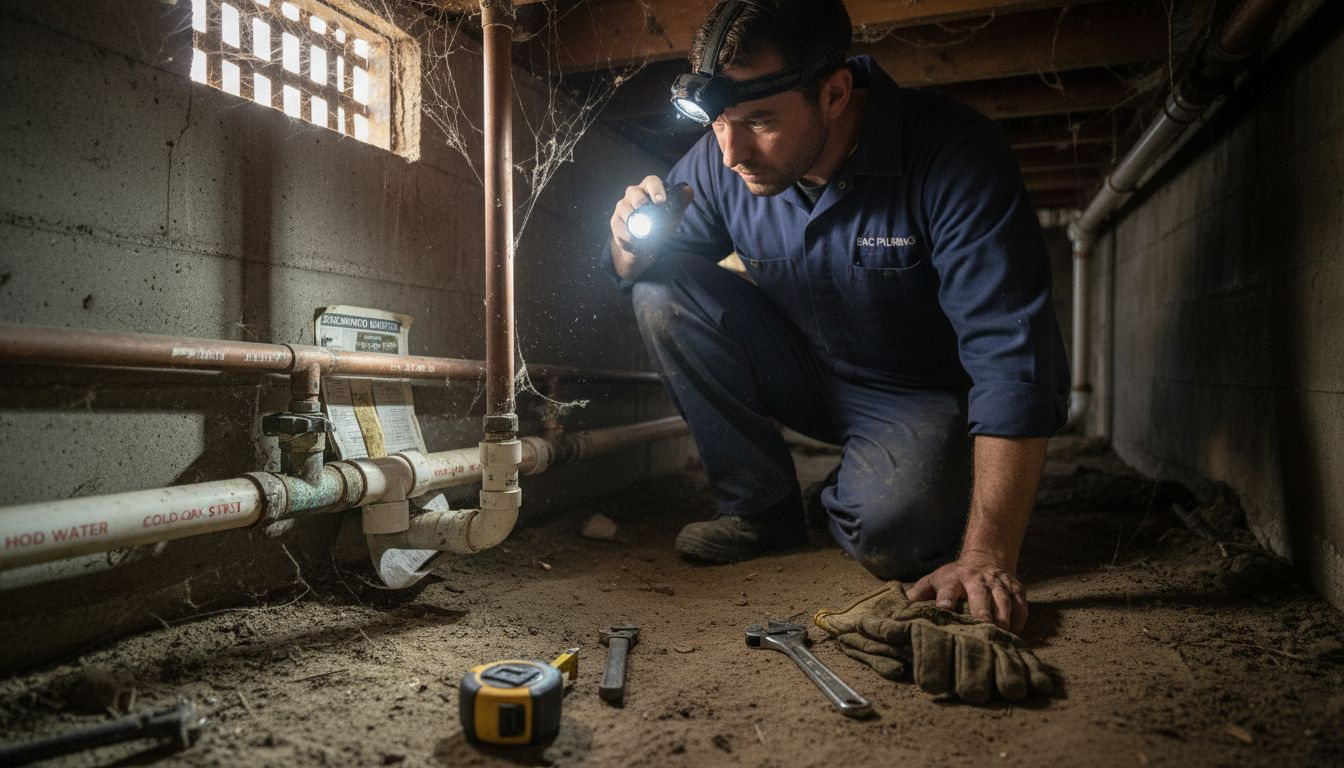 Plumber inspecting mixed piping materials crawlspace
